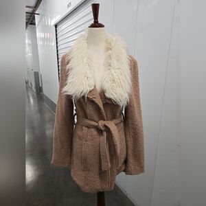 TOBI Faux Fur Collar Boucle Belted Coat Camel Tan Size Small